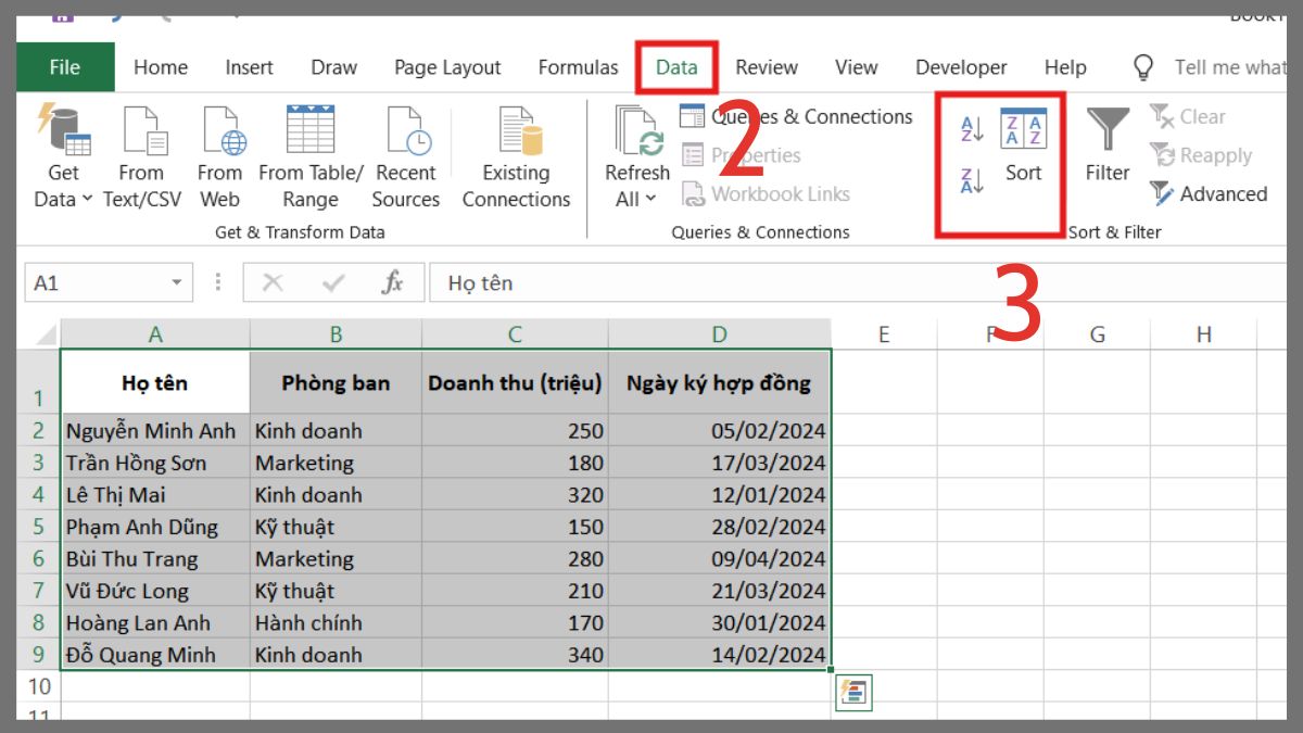 cách sắp xếp theo thứ tự tăng dần trong Excel bằng công cụ sort bước 2