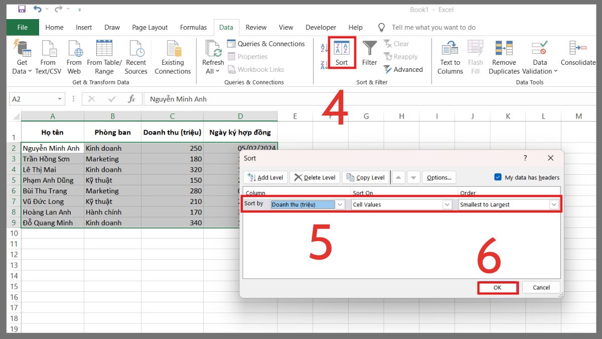 cách sắp xếp theo thứ tự tăng dần trong Excel bằng công cụ sort bước 3