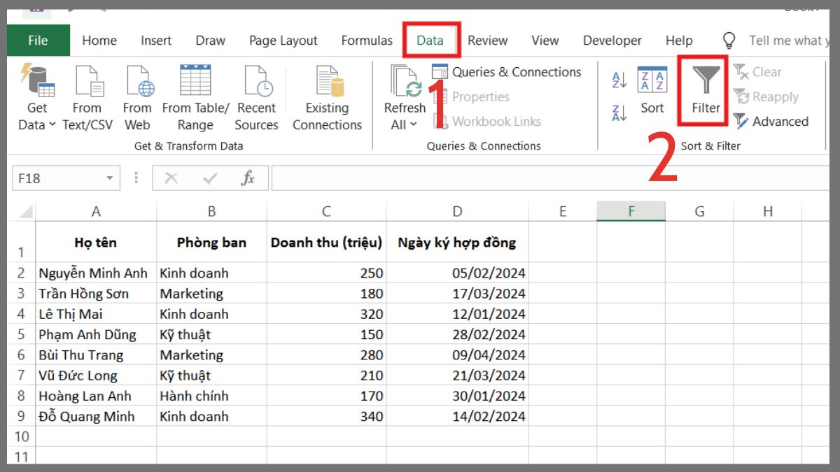 cách sắp xếp theo thứ tự tăng dần trong Excel bằng filter bước 1
