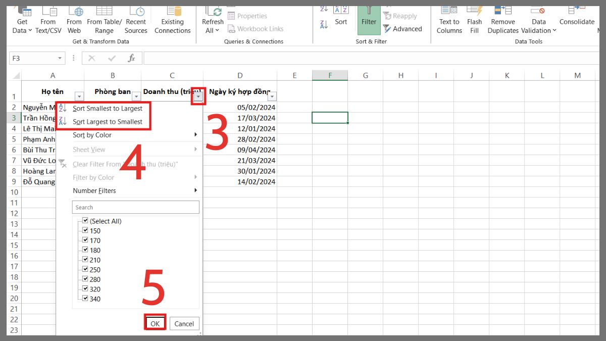 cách sắp xếp theo thứ tự tăng dần trong Excel bằng filter bước 2