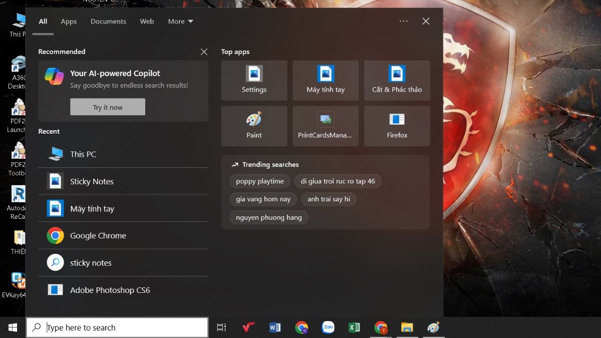 Chức năng thanh tìm kiếm trên Win 10