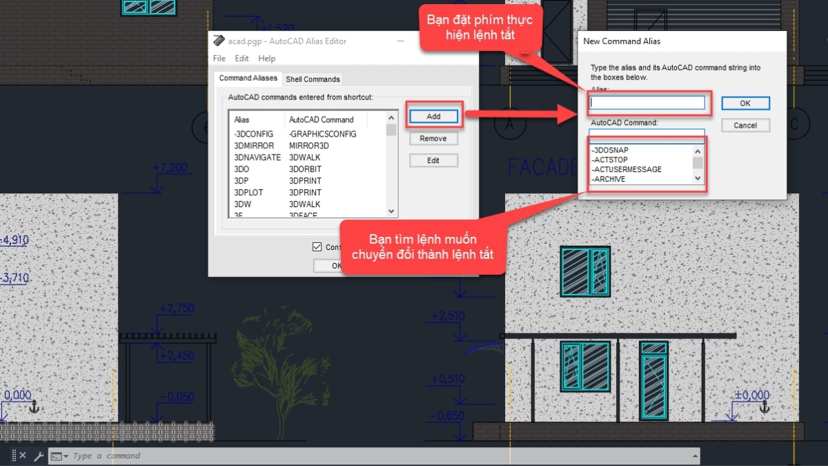 Hướng dẫn cách thay đổi lệnh trong CAD bằng hộp thoại Command Alias Editor - bước 2
