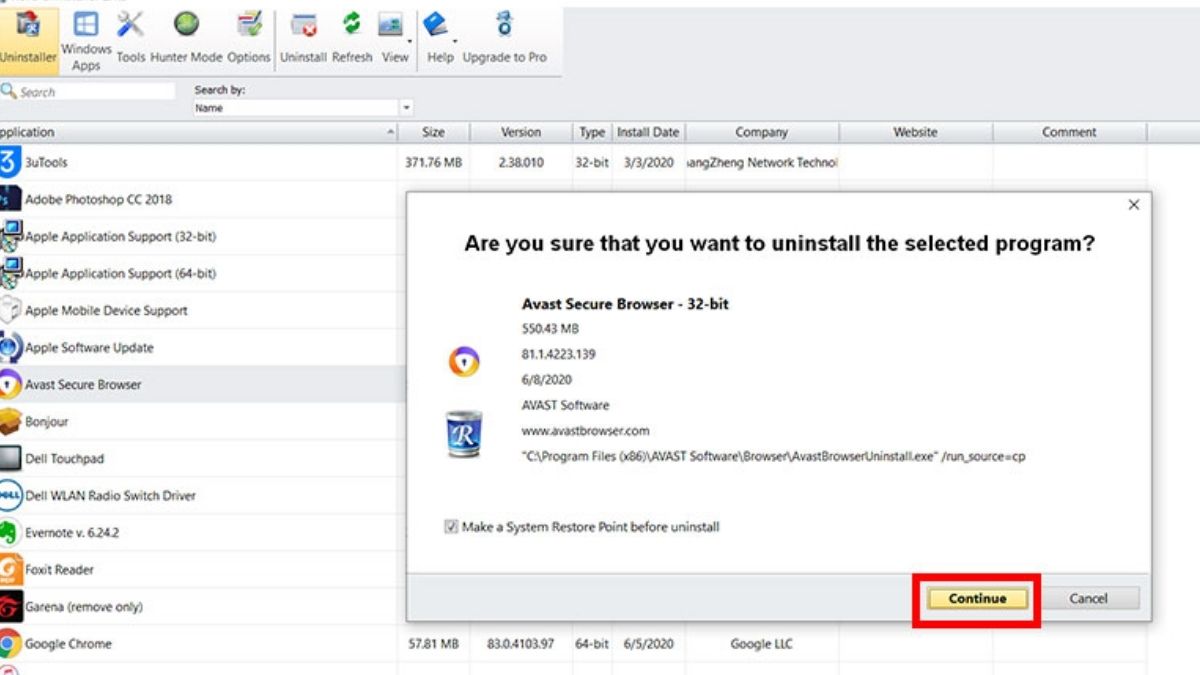 cách Xóa Avast Free Antivirus bằng phần mềm Revo Uninstall - bước 2