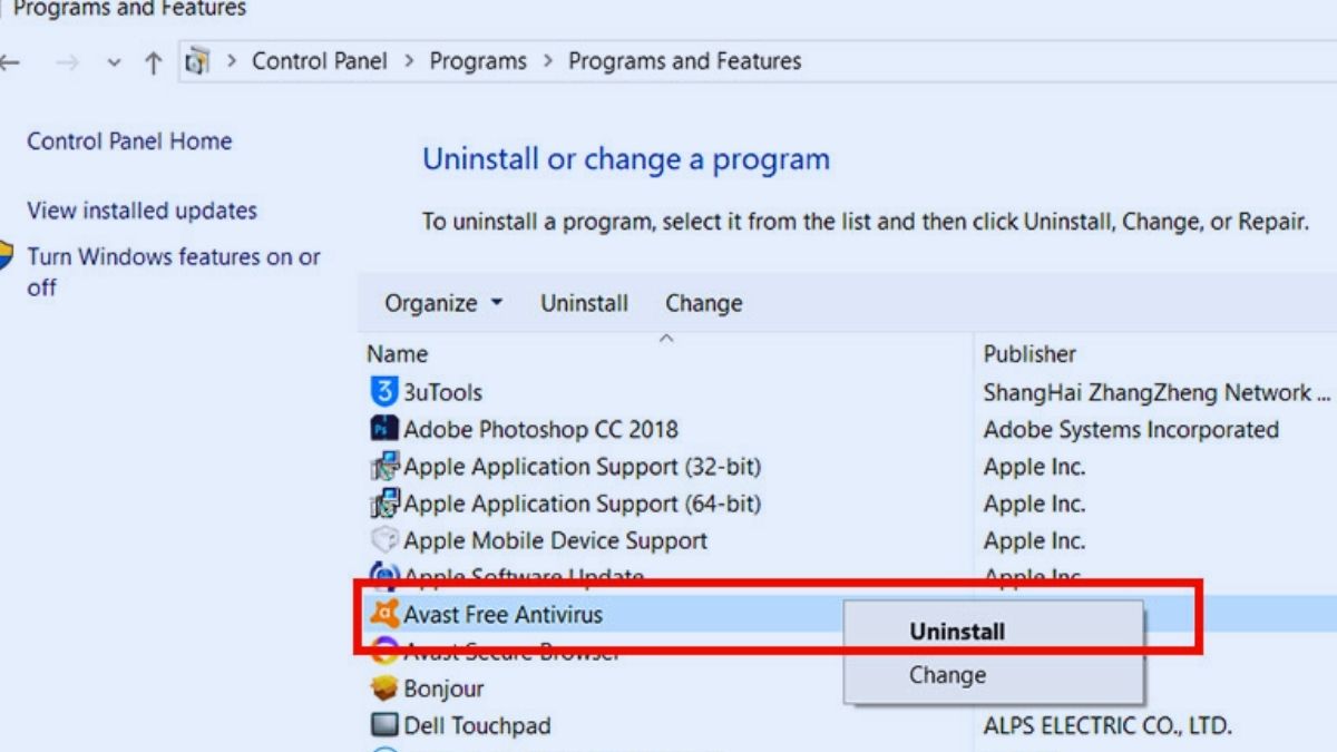 cách Xóa Avast Free Antivirus trong Control Panel - bước 3