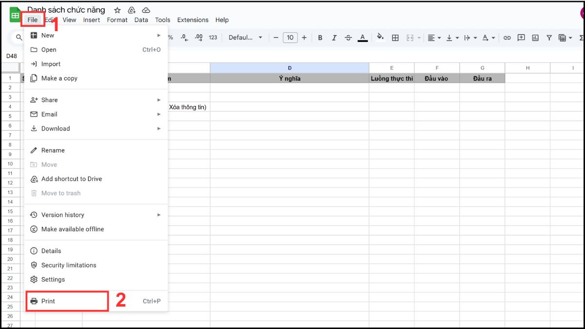 Xóa dòng kẻ (gridlines) trong Google Sheets khi thực hiện in ấn bước 1