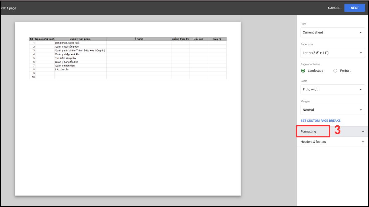 Xóa dòng kẻ (gridlines) trong Google Sheets khi thực hiện in ấn bước 2