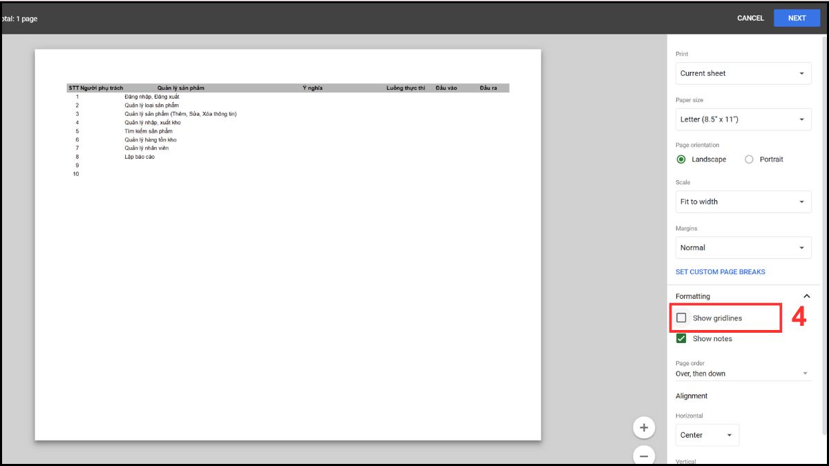 Xóa dòng kẻ (gridlines) trong Google Sheets khi thực hiện in ấn bước 3