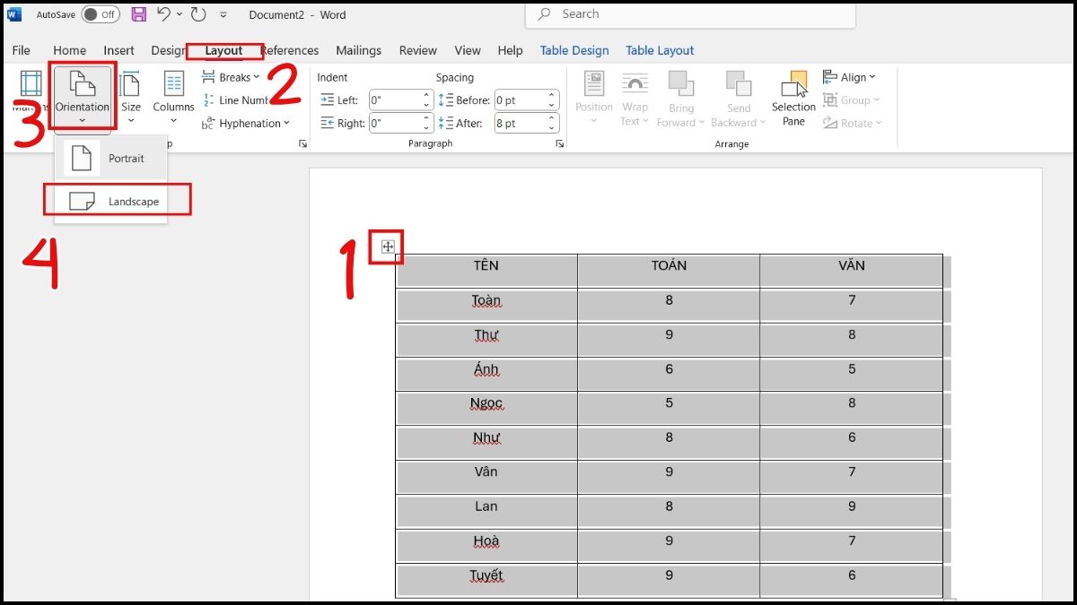 cách xoay ngang bảng trong Word bằng page layout