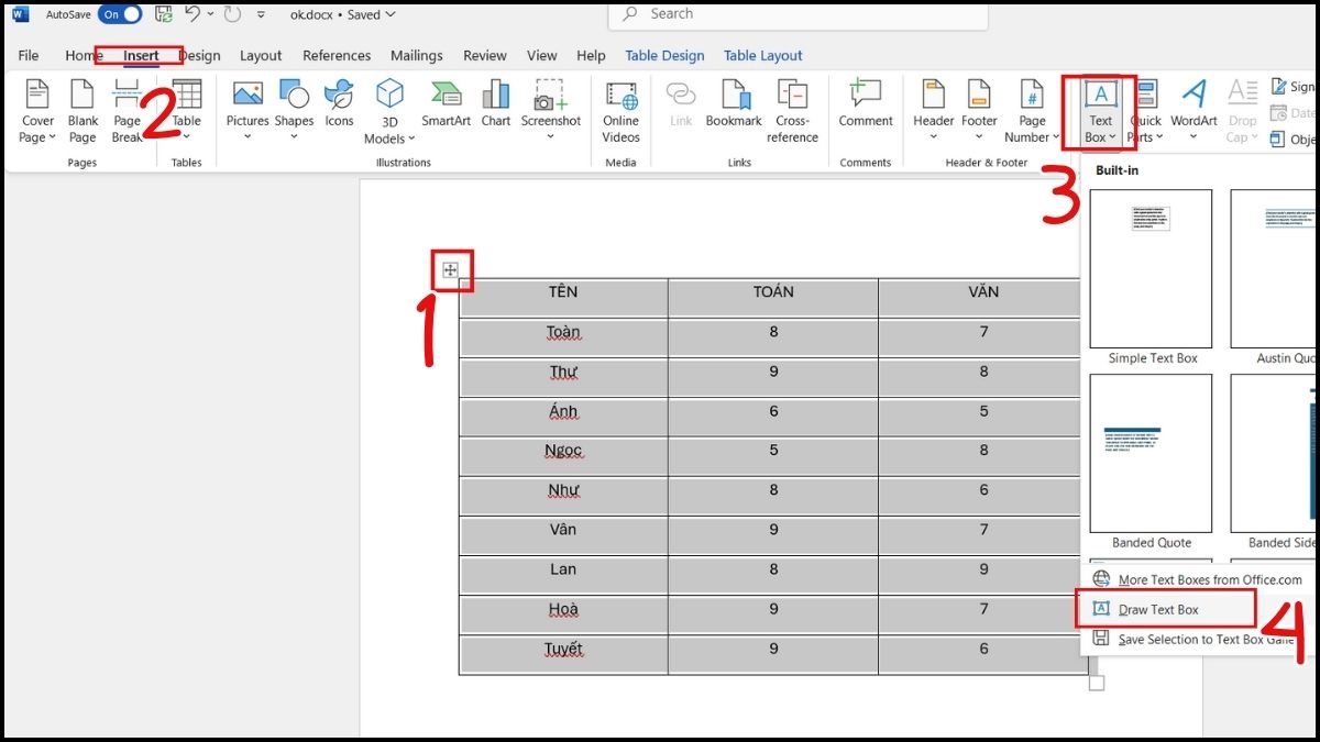 cách xoay ngang bảng trong Word bằng text box bước 1