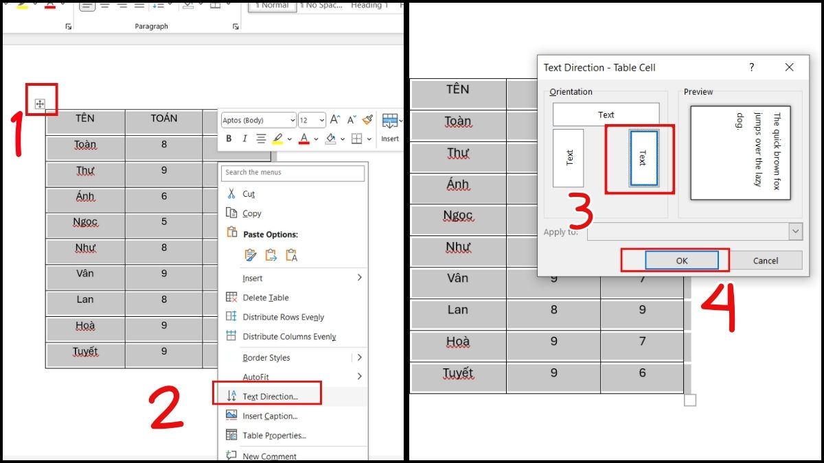 cách xoay ngang bảng trong Word bằng Text Direction