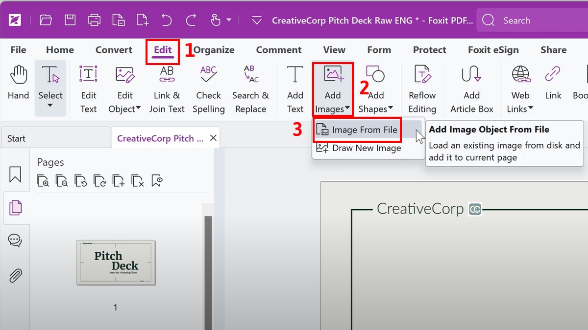 Cách chèn ảnh vào file PDF bằng foxit pdf editor - bước 1