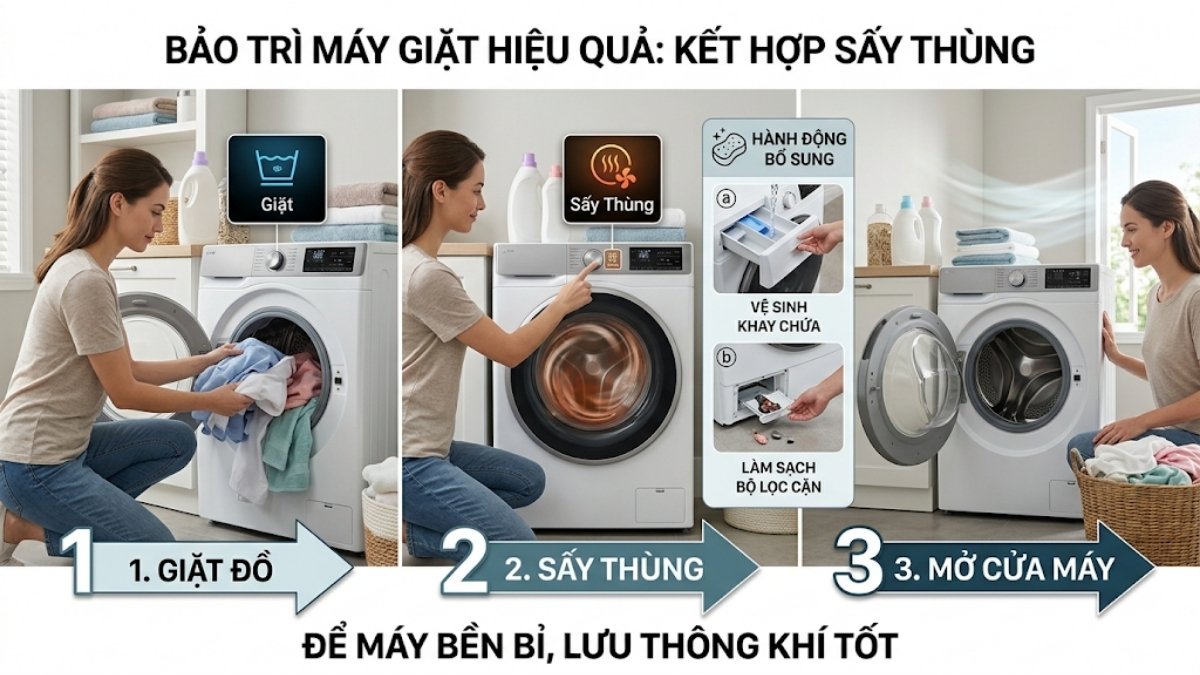 Cách kết hợp sấy thùng để bảo trì máy giặt hiệu quả
