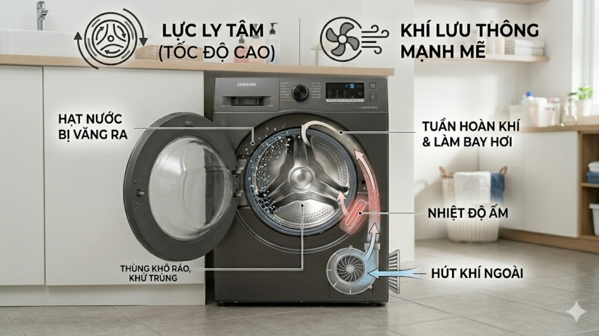 nguyên lý chức năng sấy thùng của máy giặt là gì