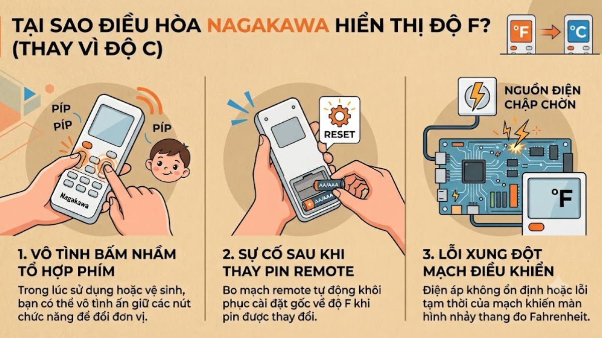 Vì sao điều hòa Nagakawa hiển thị độ F thay vì độ C?