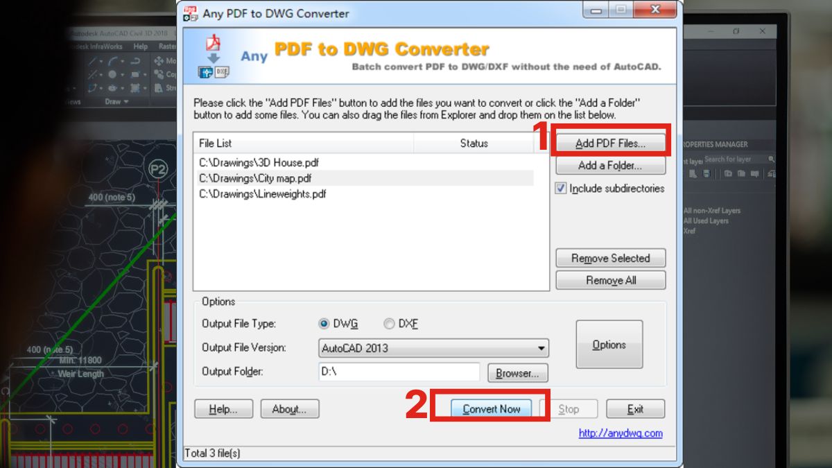 Cách chuyển file PDF sang AutoCAD bằng Any PDF to DWG Converter