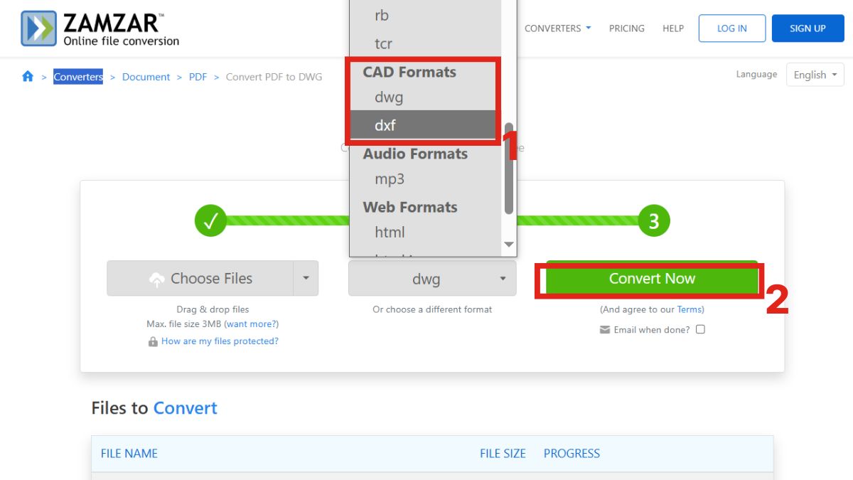 Chuyển file PDF sang CAD bằng Zamzar convert file PDF - bước 3
