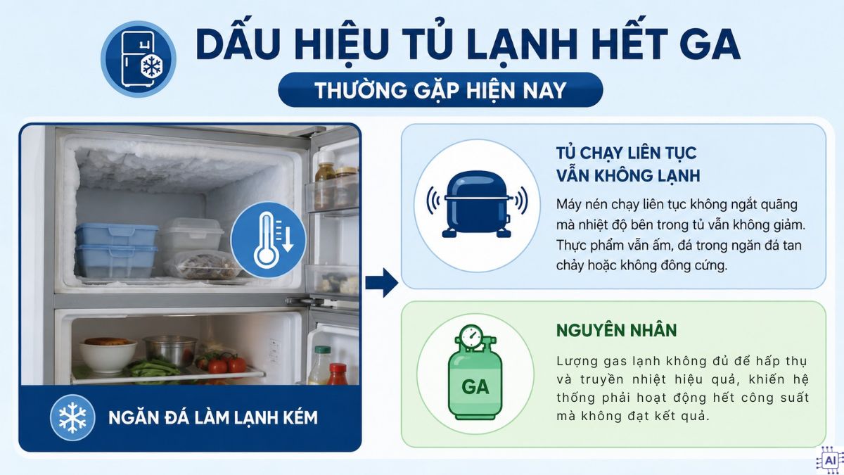 dấu hiệu tủ lạnh hết ga - tủ chạy liên tục vẫn không lạnh