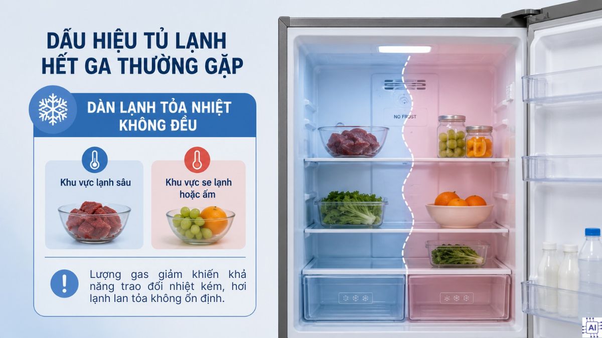 dấu hiệu tủ lạnh hết ga - dàn lạnh tỏa nhiệt không đều
