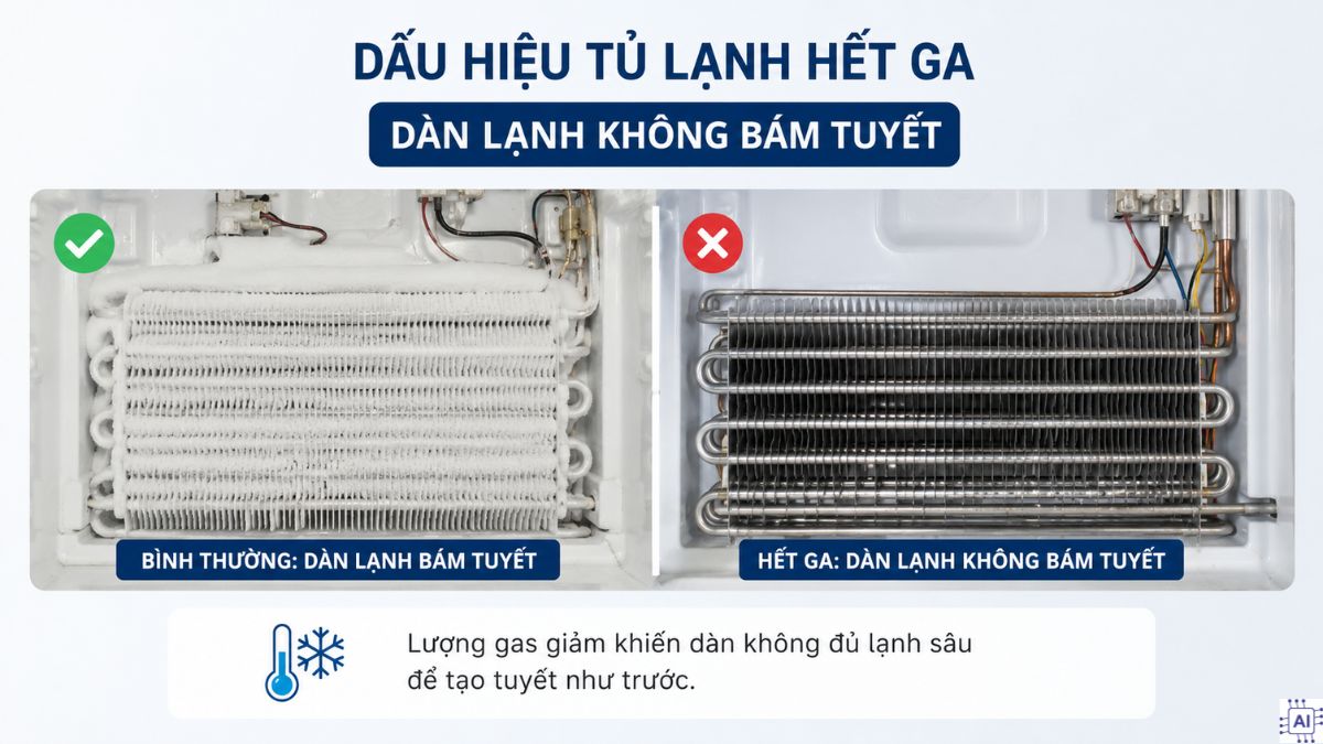 dấu hiệu tủ lạnh hết ga - dàn lạnh không bám tuyết