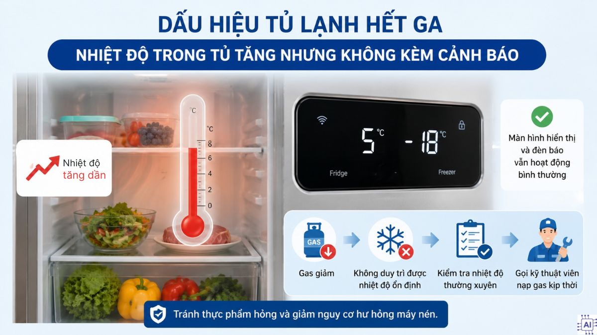 dấu hiệu tủ lạnh hết ga - nhiệt độ trong tủ tăng nhưng không kèm cảnh báo