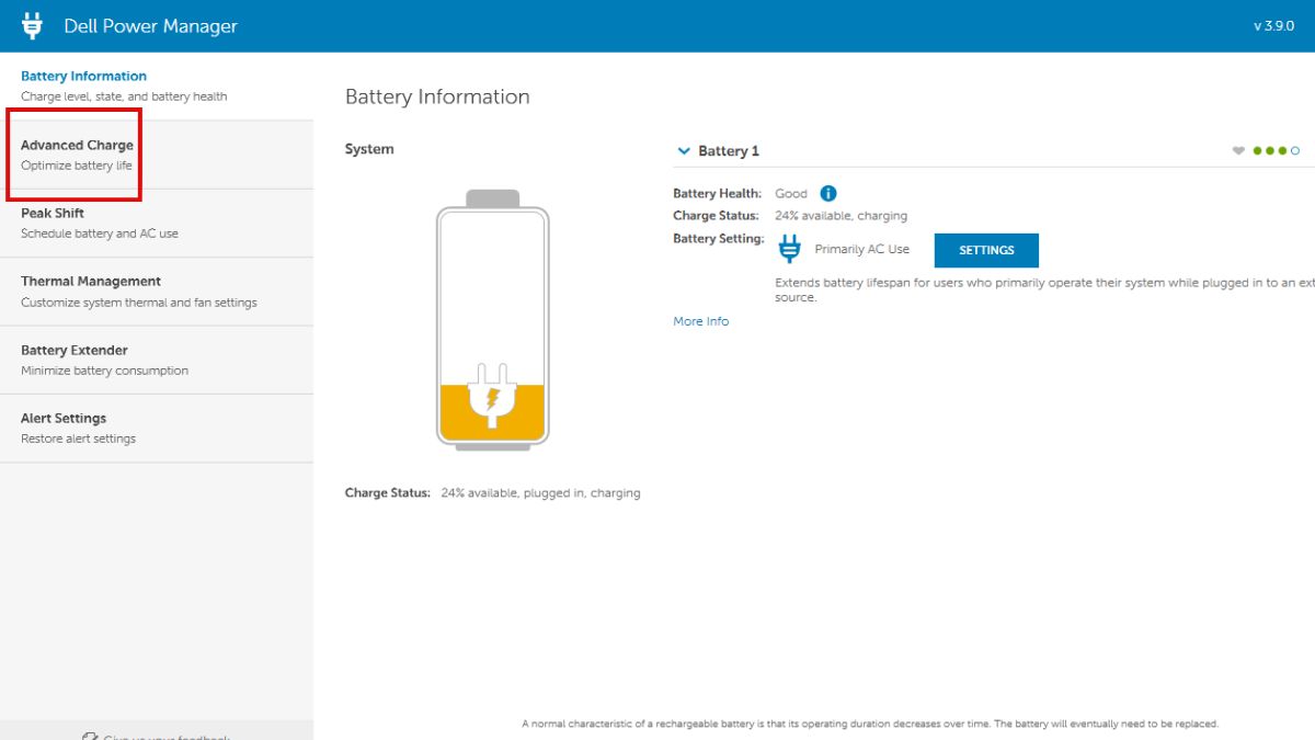 Các tính năng chính của Dell Power Manager - Tính năng Advanced Charge