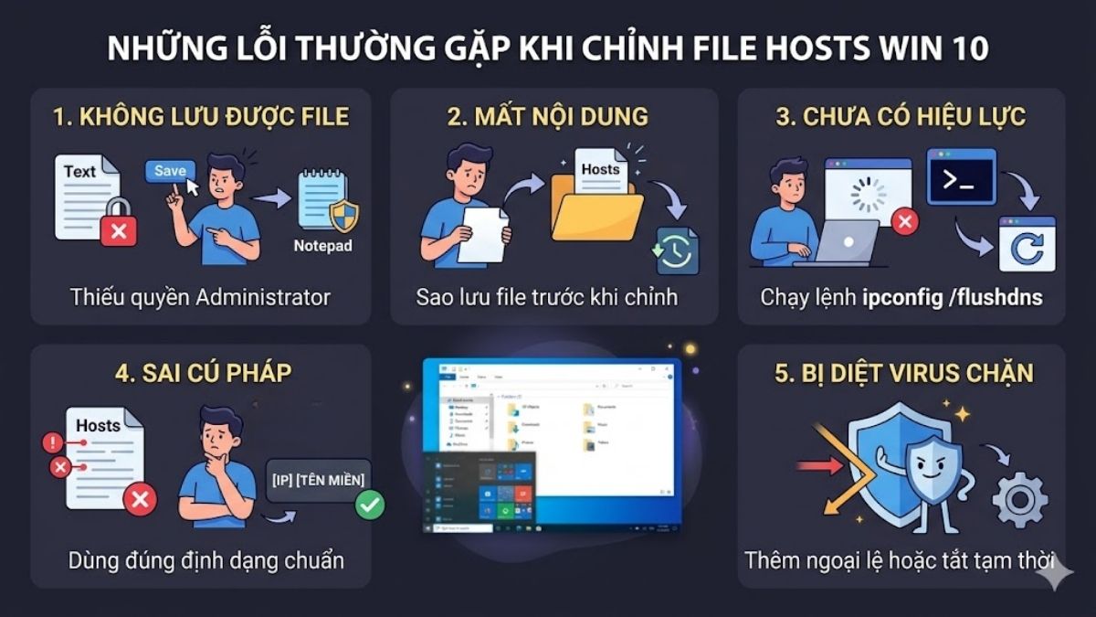 Những lỗi thường gặp khi chỉnh file host Win 10