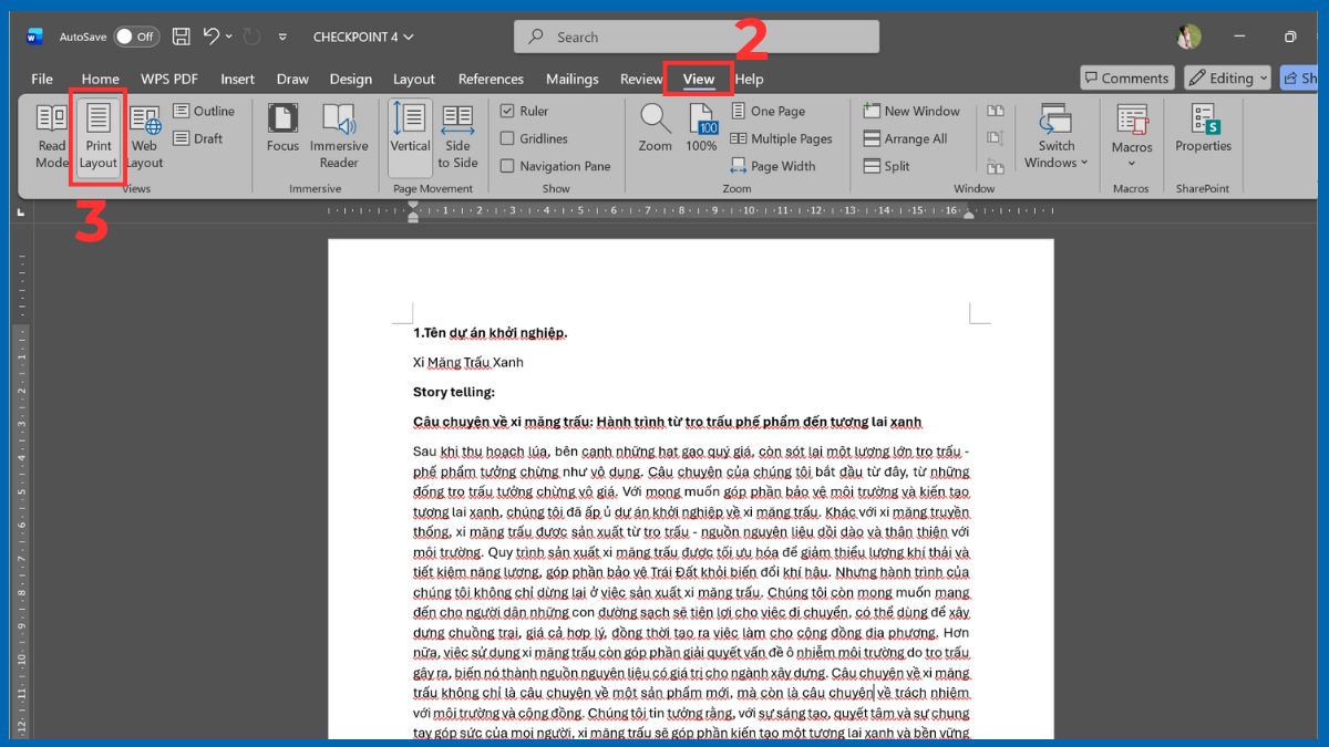 Cách fix lỗi khung căn lề Word hiện nhiều dòng bằng chọn đúng chế độ hiển thị trang bước 3