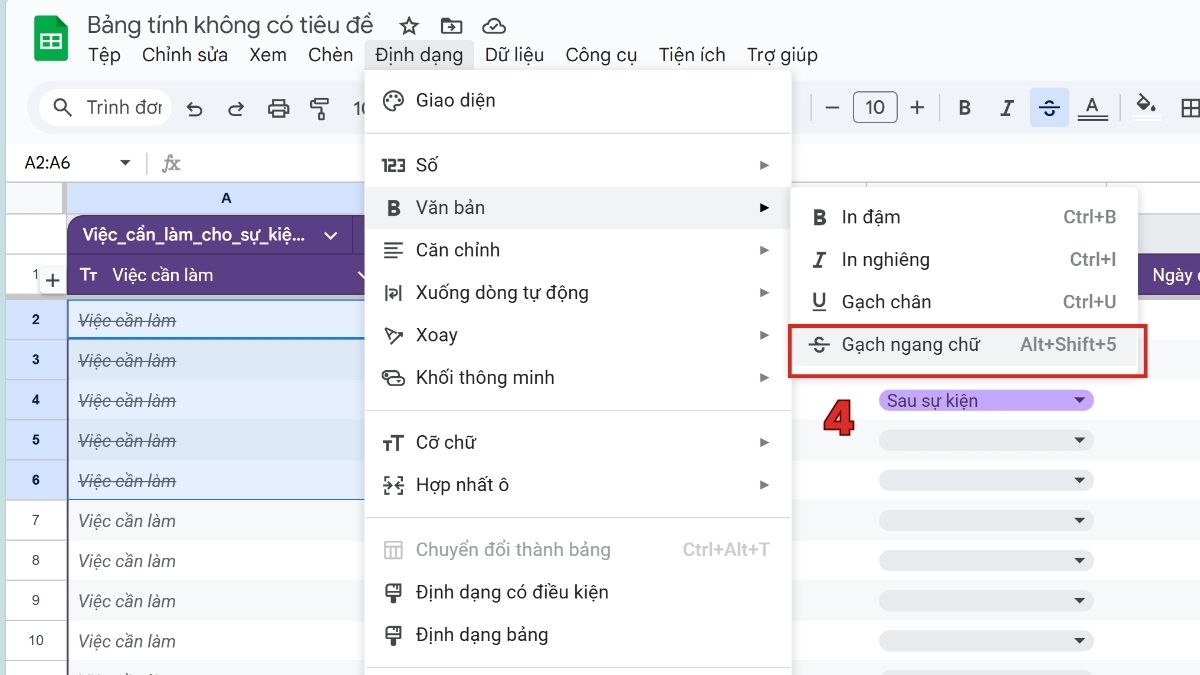 Cách gạch ngang chữ trong Google Sheet bằng thanh công cụ bước 3
