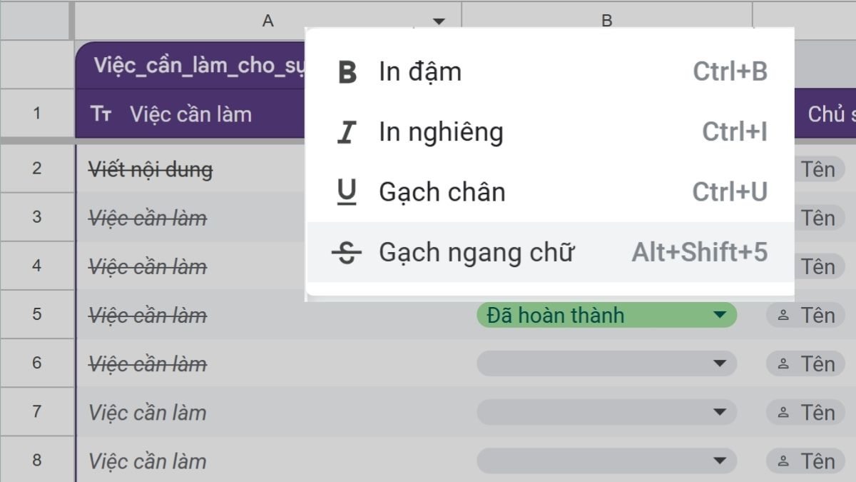 Cách gạch ngang chữ trong Google Sheet bằng phím tắt