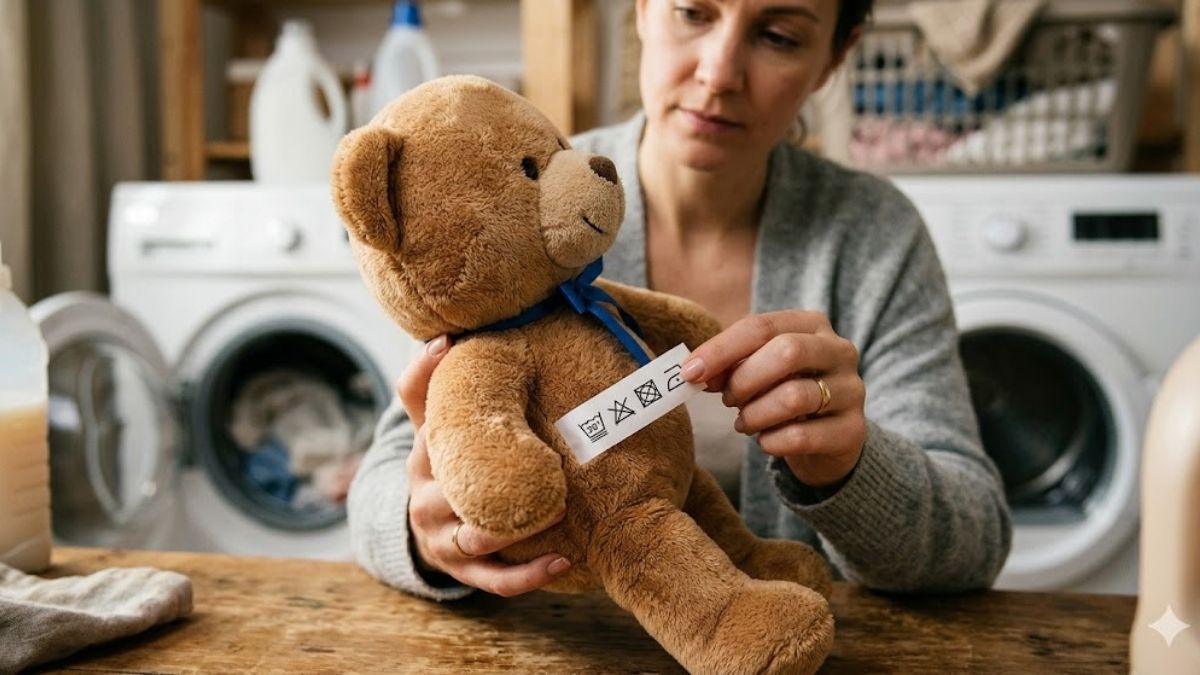 Chuẩn bị trước khi giặt gấu bông bằng máy giặt - kiểm tra nhãn giặt