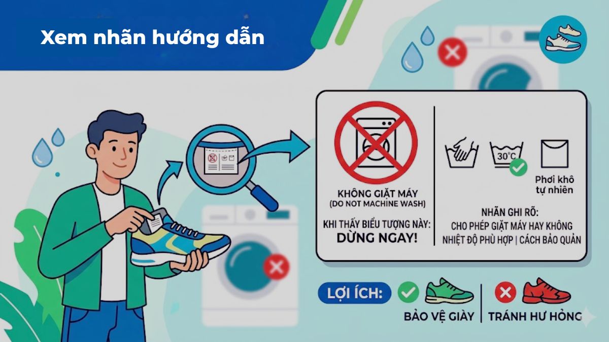 Cách kiểm tra trước khi giặt giày bằng máy giặt - xem nhãn hướng dẫn