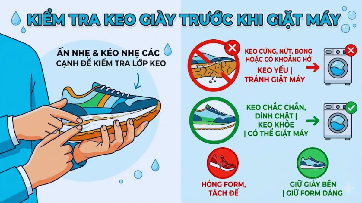 Cách kiểm tra trước khi giặt giày bằng máy giặt - kiểm tra keo