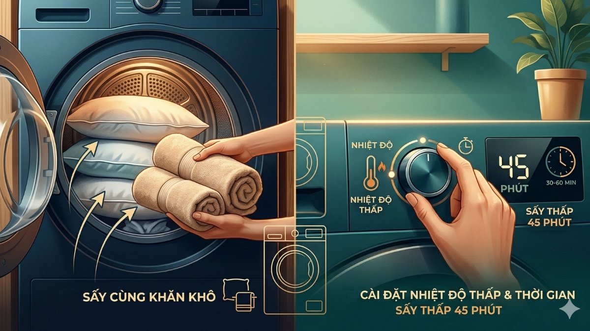 Hướng dẫn giặt ruột gối bằng máy giặt - sấy khô gối đúng cách