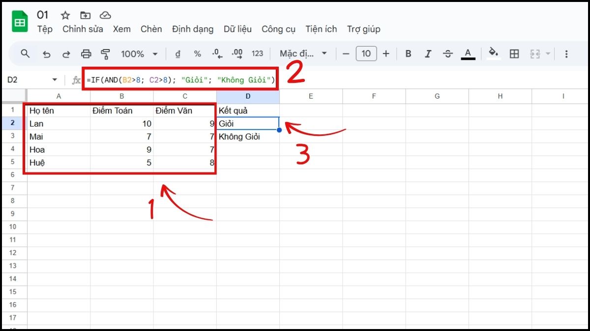 Cách sử dụng hàm AND trong Google Sheet kết hợp với hàm if