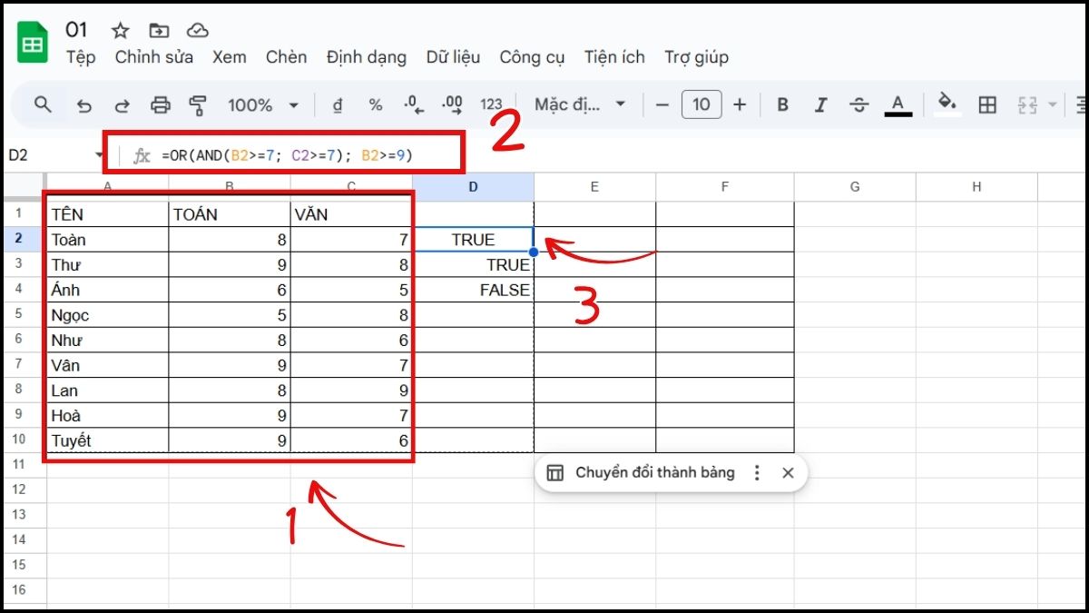 Cách sử dụng hàm AND trong Google Sheet kết hợp với hàm or
