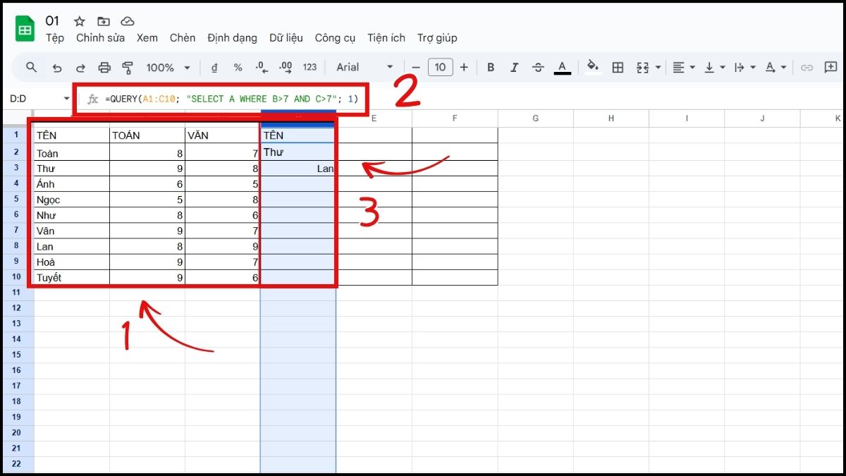 Cách sử dụng hàm AND trong Google Sheet kết hợp với hàm query