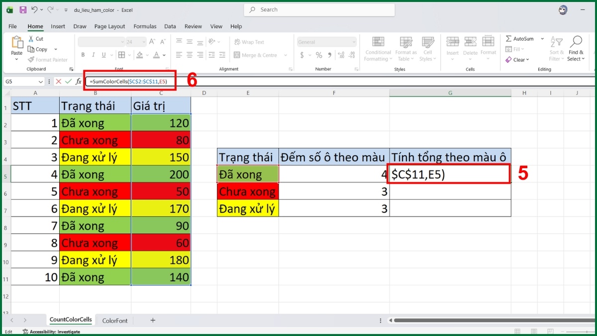 Cách tính tổng theo màu ô bằng hàm Color trong Excel bước 4