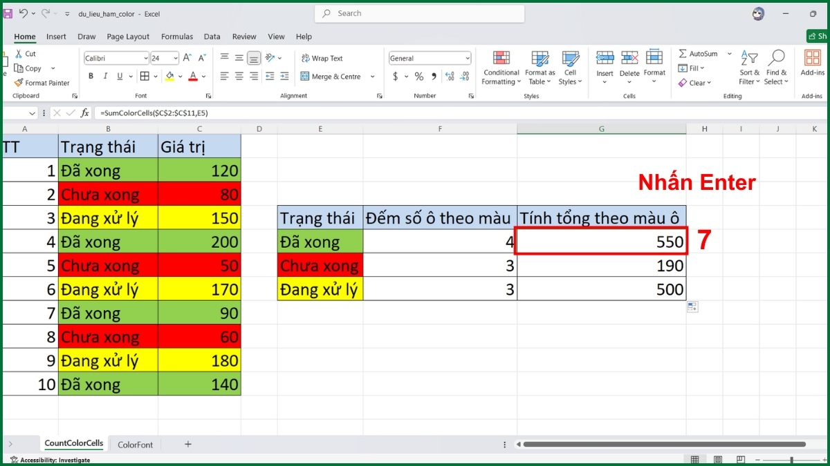 Cách tính tổng theo màu ô bằng hàm Color trong Excel bước 