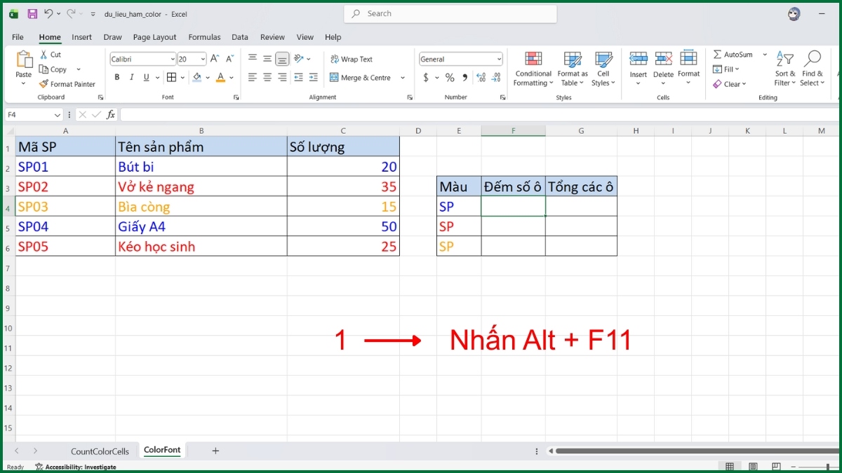 Cách đếm số ô theo màu chữ bằng hàm Color trong Excel bước 1