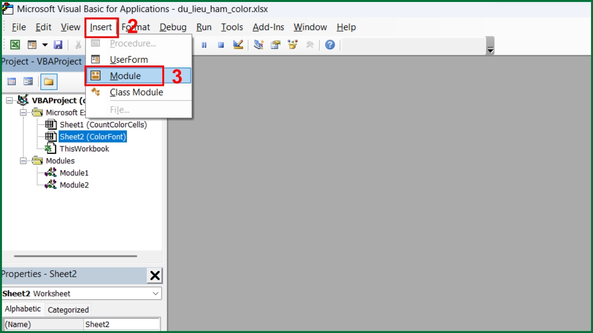 Cách đếm số ô theo màu chữ bằng hàm Color trong Excel bước 2