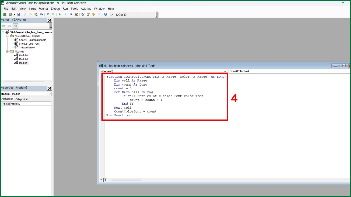 Cách đếm số ô theo màu chữ bằng hàm Color trong Excel bước 3