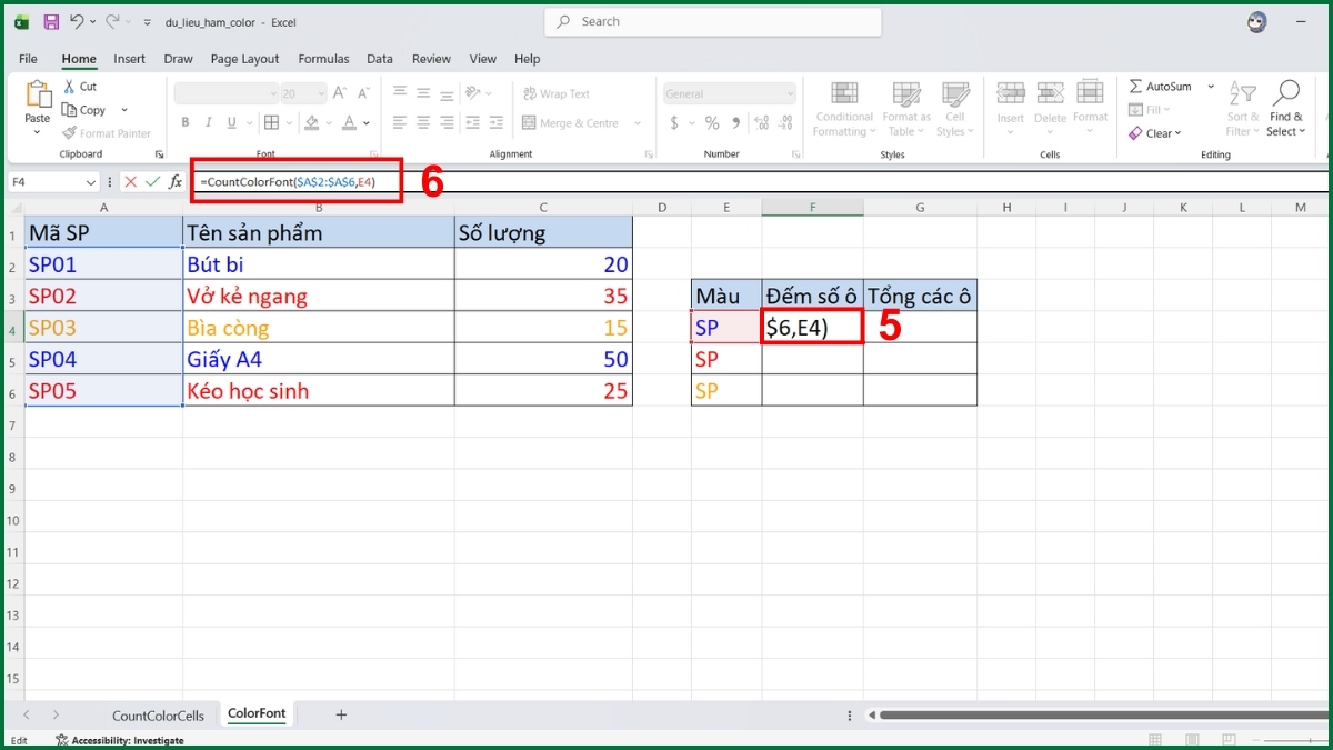 Cách đếm số ô theo màu chữ bằng hàm Color trong Excel bước 4