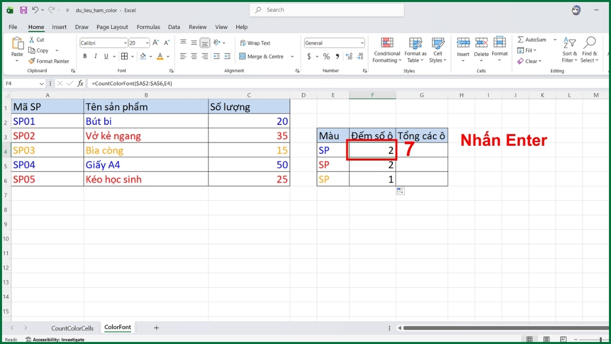 Cách đếm số ô theo màu chữ bằng hàm Color trong Excel bước 4 tiếp theo
