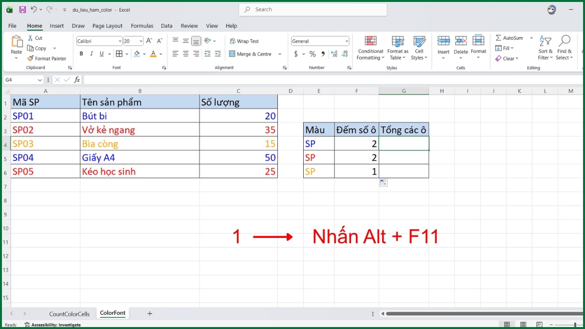 Cách tính tổng các ô theo màu chữ bằng hàm Color trong Excel bước 1