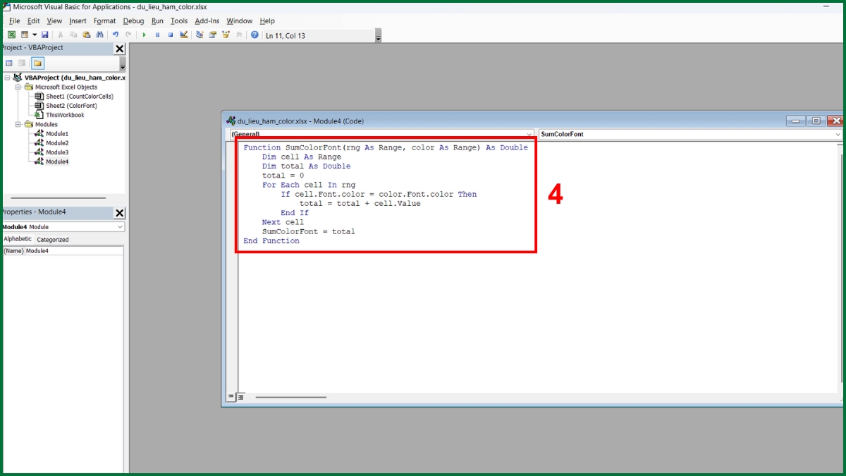 Cách tính tổng các ô theo màu chữ bằng hàm Color trong Excel bước 3