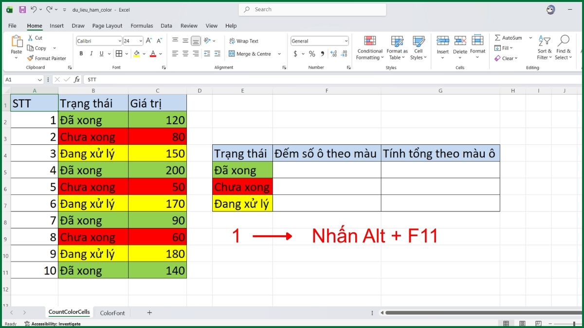 Cách đếm số ô theo màu ô bằng hàm Color trong Excel bước 1