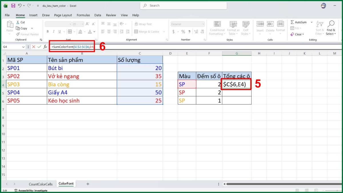 Cách tính tổng các ô theo màu chữ bằng hàm Color trong Excel bước 4