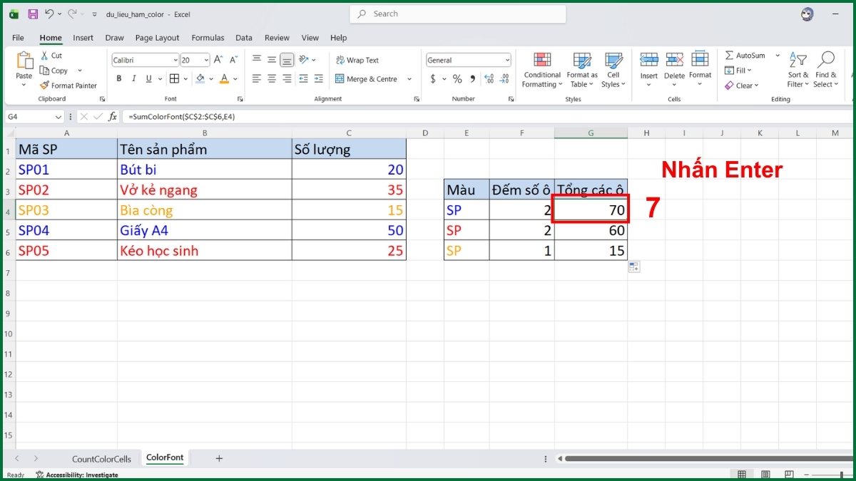 Cách tính tổng các ô theo màu chữ bằng hàm Color trong Excel bước 4 tiếp theo