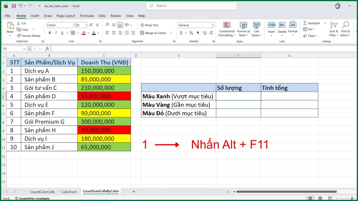 Cách đếm và tính tổng số ô theo màu trên toàn bộ bảng tính bước 1