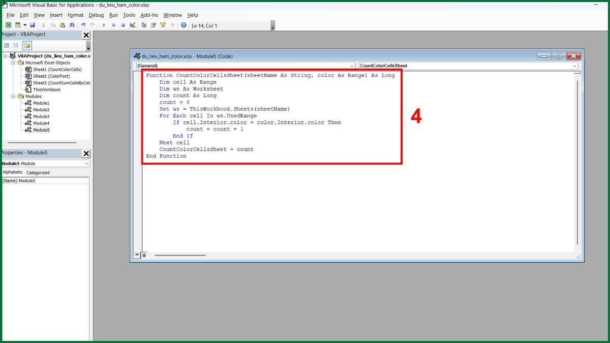 Cách đếm và tính tổng số ô theo màu trên toàn bộ bảng tính bước 3